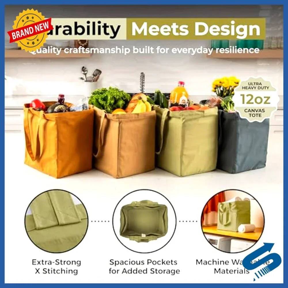 Heavy Duty Canvas Grocery Tote Set with Pockets Foldable Washable XL